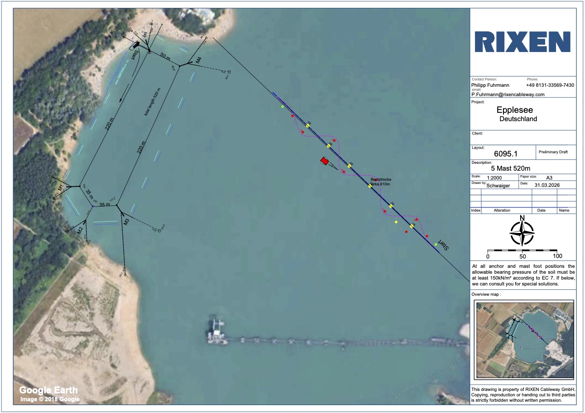 Rixen layout Lp 6095.1 — boat course and 5-mast cable on Epplesee